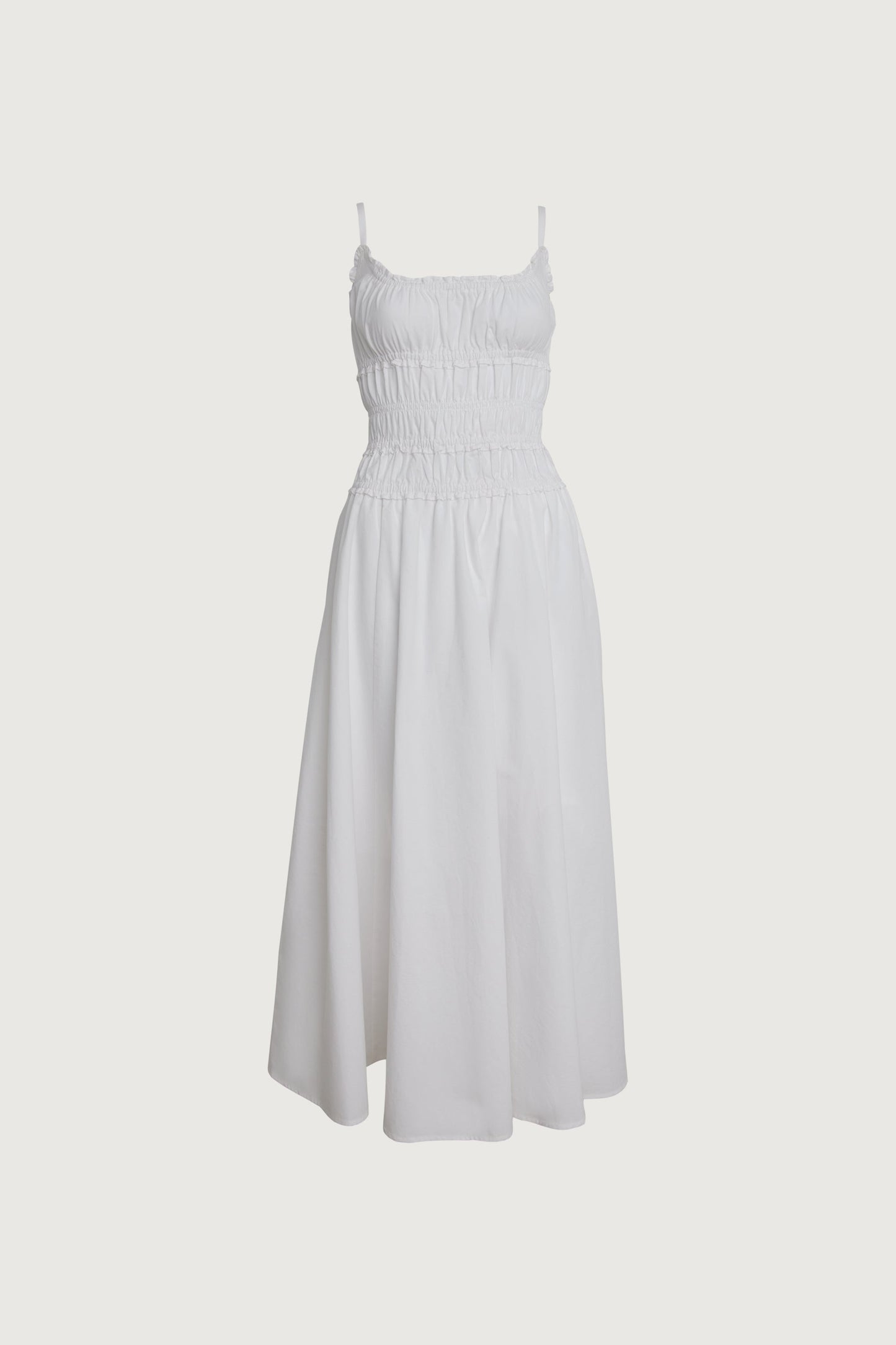 SHIRRED COTTON POPLIN MIDI DRESS