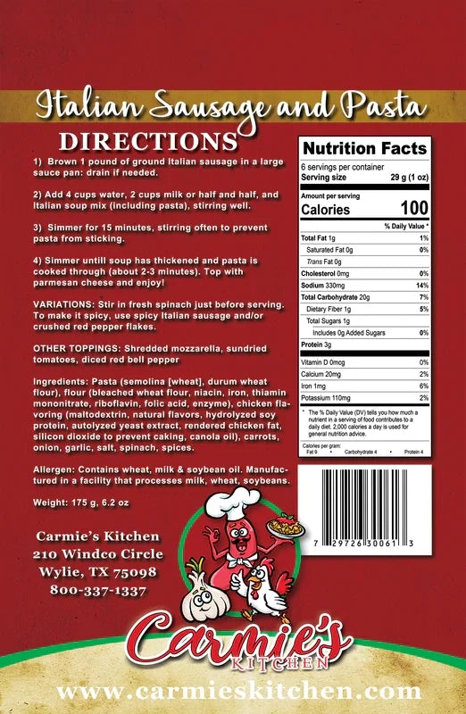 Carmie's Kitchen Italian Sausage & Pasta Soup Mix