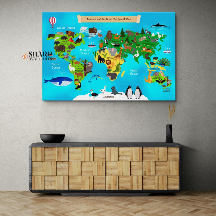 Kids Wall Art World Map - Animal World Map - SharpWallArts