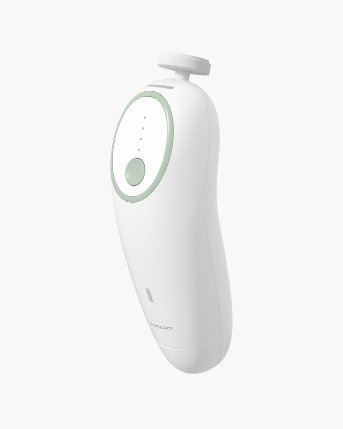 Momcozy Electric Baby Nail File showing ergonomic design and indicator lights.
