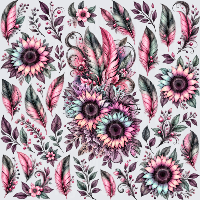 Pink Purple Sunflowers Feathers Botanicals This is a 10X10 UV DTF Full Sheet