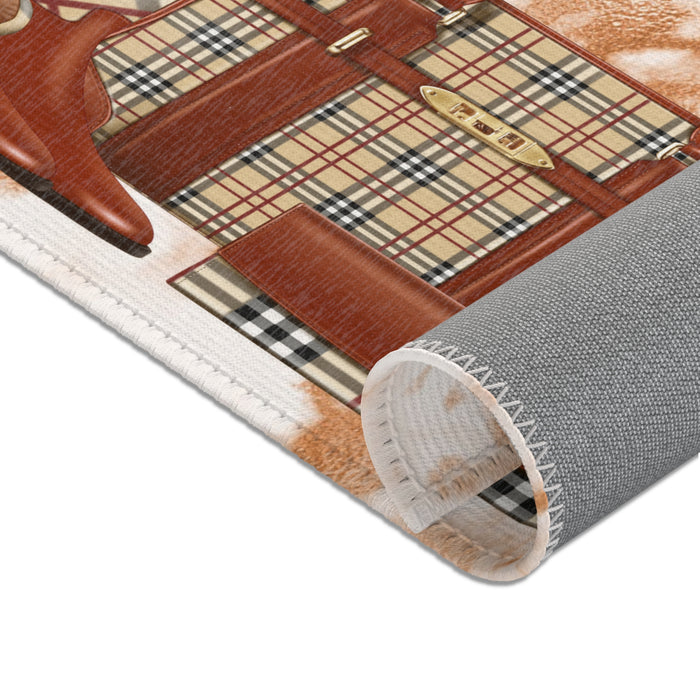 Plaid Fashion Accessories Area Rug — Chic Designer Bag & Umbrella Accent Rug