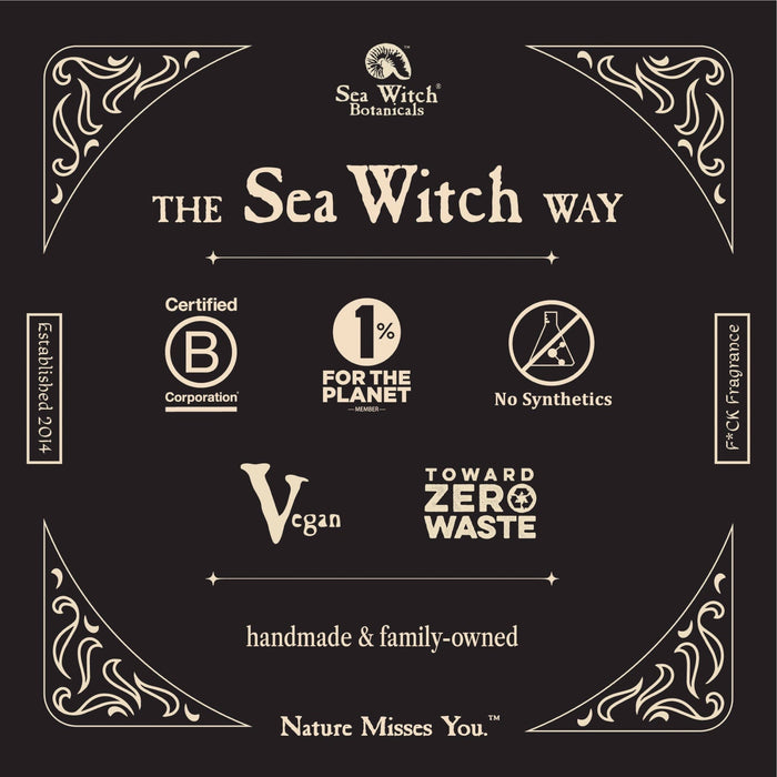 Forager Provisions LTD brand graphic for Sea Witch Botanicals showing B Corp, vegan, and zero waste certifications.