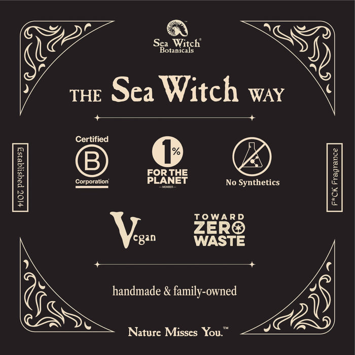 Forager Provisions LTD Sea Witch Botanicals brand values graphic featuring B Corp, vegan, and zero waste certifications