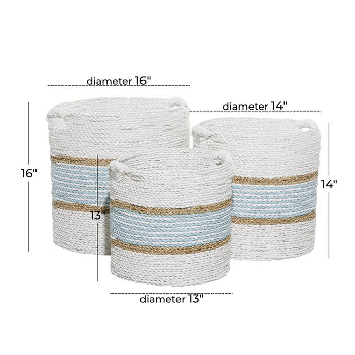 WHITE WOOD HANDMADE TWO TONED STORAGE BASKET WITH HANDLES