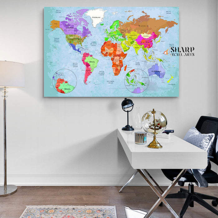 World Map Wall Art Canvas - Living Room Decor