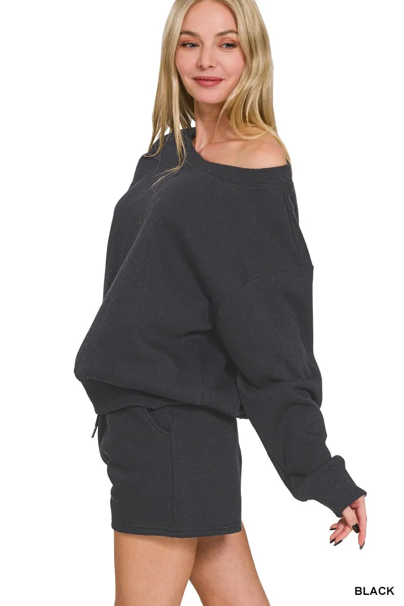 Hazel Blues® |  Zenana Fleece Boat Neck Sweatshirt and Shorts Set