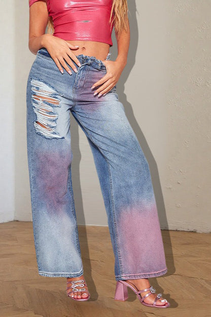 Ripped Color Block Ink Splash Distressed Jeans