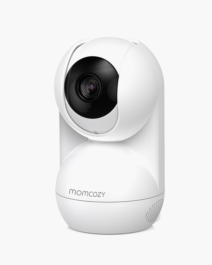 Momcozy BM03 1080p HD Baby Monitor Camera, white design, Momcozy logo, ideal for baby monitoring.