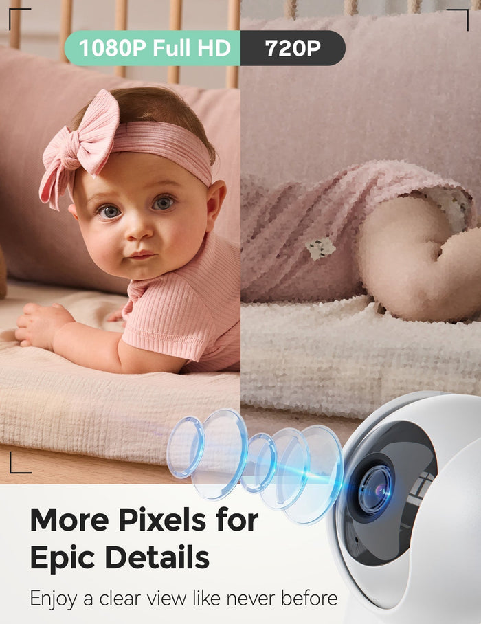Momcozy BM03 baby monitor, showcasing 1080P Full HD, baby girl in pink, crystal-clear image for detailed baby monitoring.