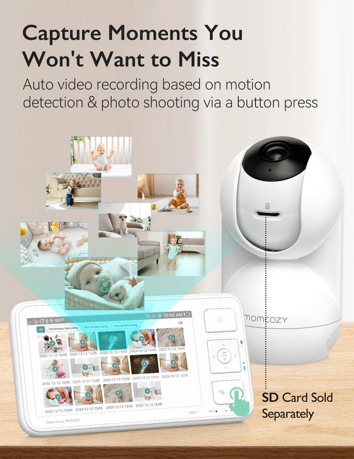 Momcozy BM03 baby monitor: crystal-clear HD camera, auto recording, and motion detection for easy baby monitoring.