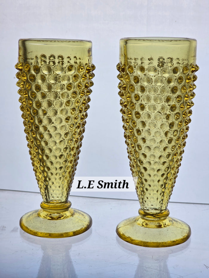 2 .L.E Smith Glass yellow HOBNAIL bud vase