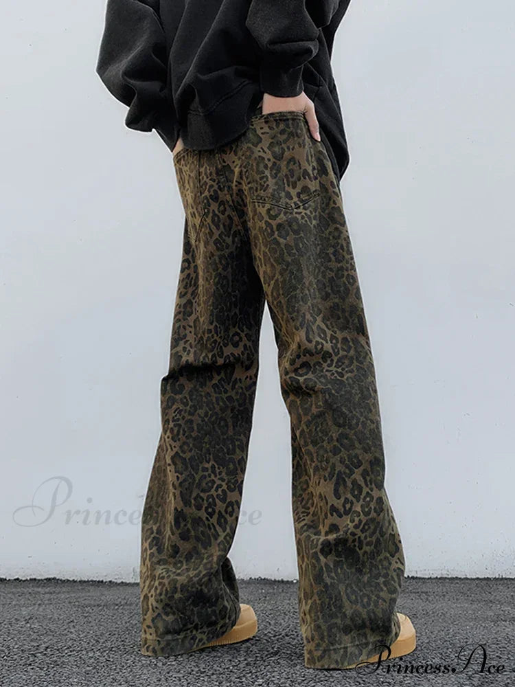Y2K Leopard Print Wide Leg Women High Waisted Fashion Streetwear Retro Denim Baggy Casual Straight Jean