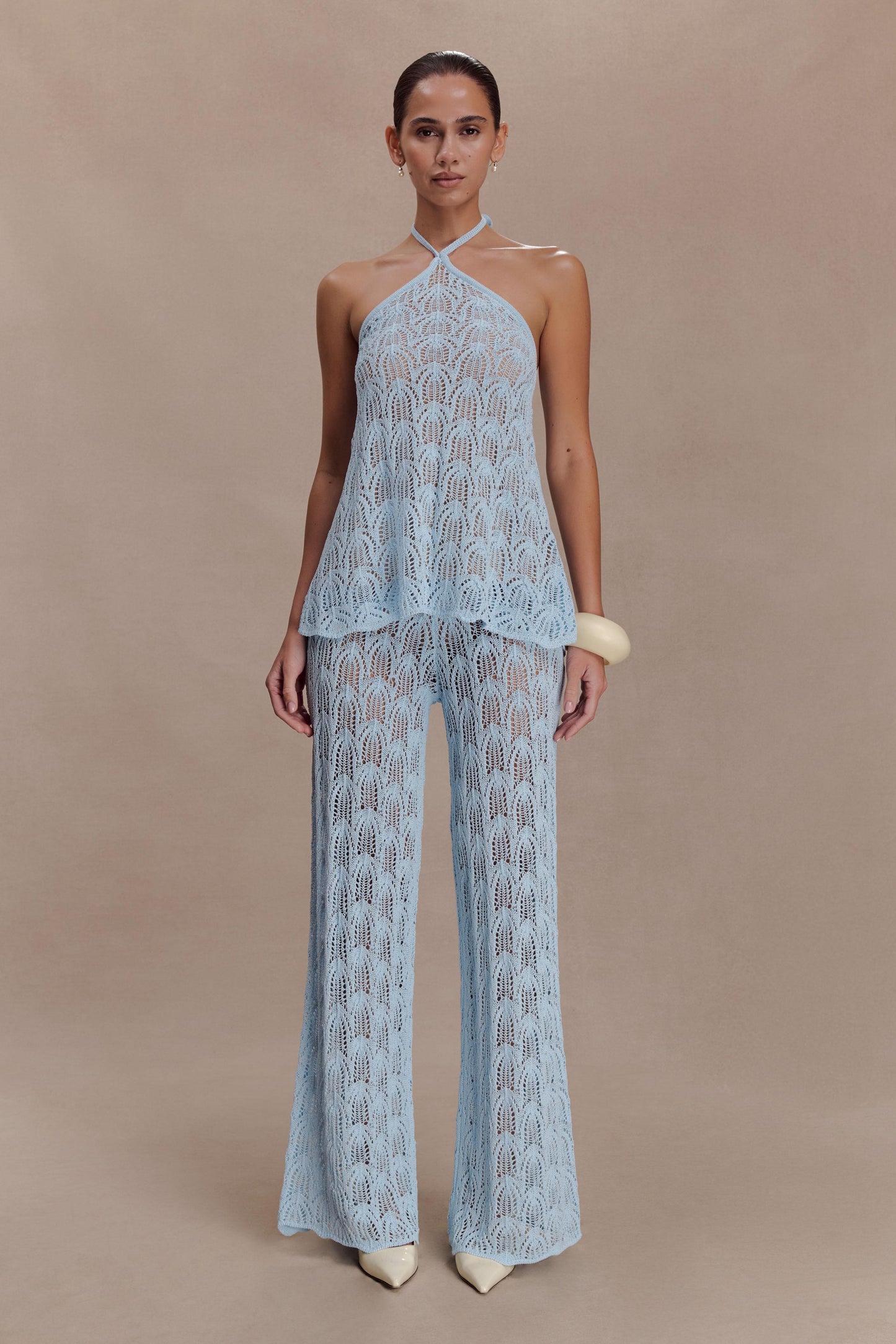 Corey Crochet Halter Neck Top - Light Blue