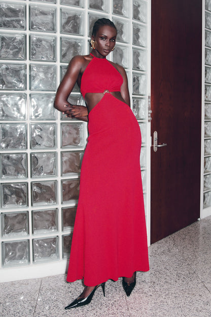 Marlowe Halter Knit Maxi Dress - Red