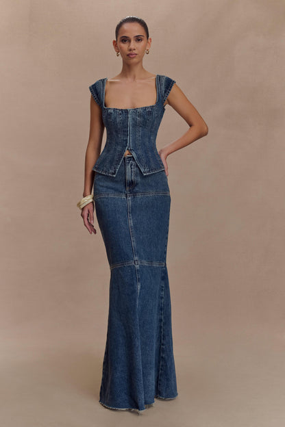 Loretta Denim Maxi Skirt - Washed Dark Blue