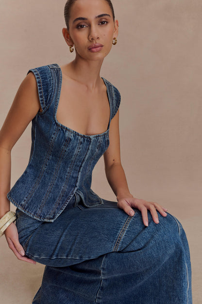 Loretta Cap Sleeve Denim Top - Washed Dark Blue