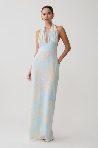 Nadine Halter Scarf Chiffon Maxi Dress - Blue Floral Print