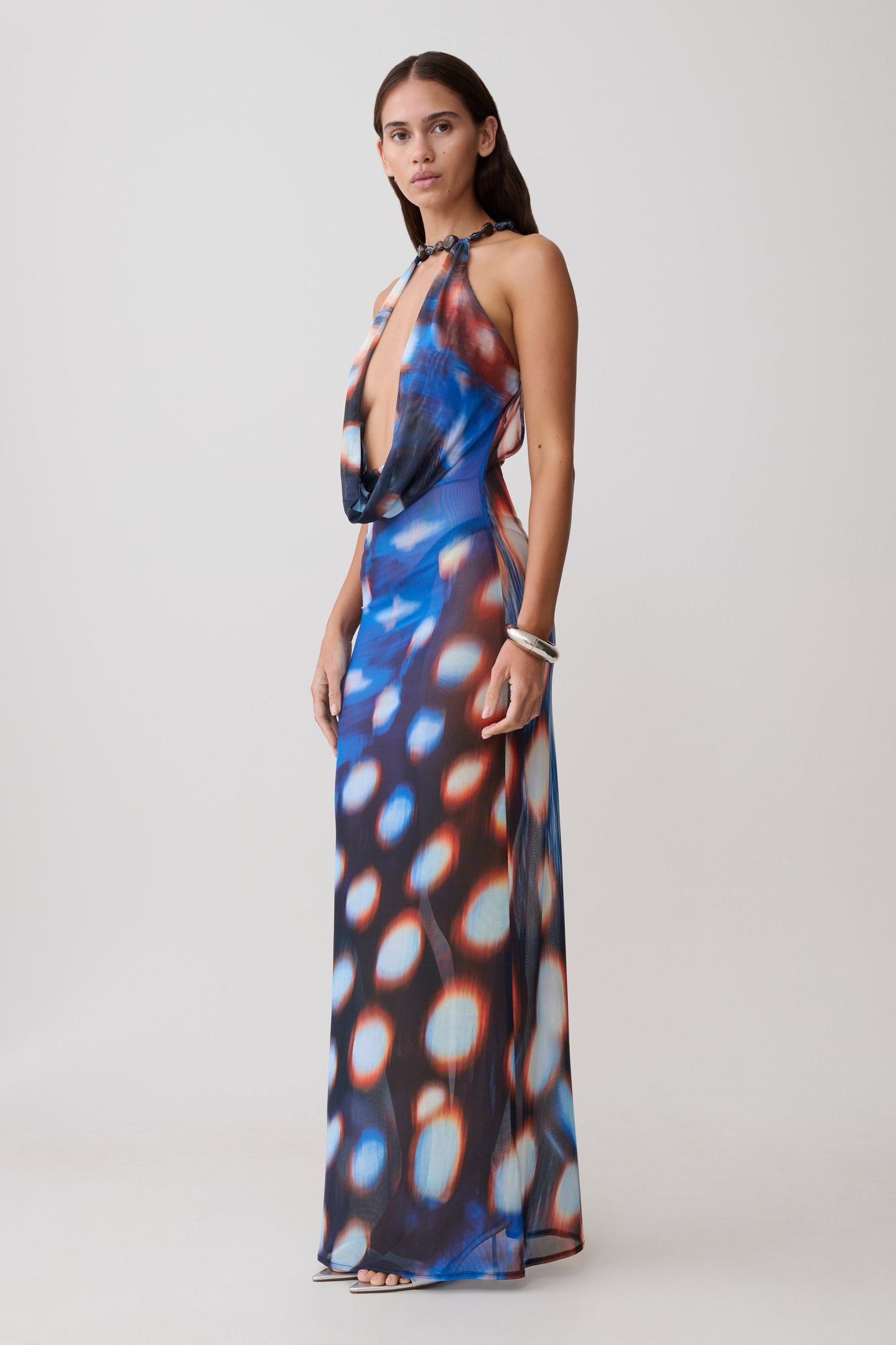 Ethel Mesh Cowl Plunge Maxi - Blue Abstract Print