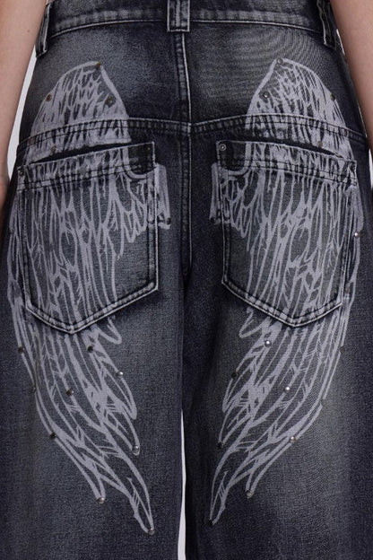 Vintage Faded Wing Print Baggy Jeans