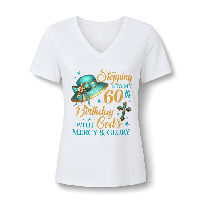 60th Birthday Christian V-Neck Tee — "Stepping Into My 60th Birthday with God's Mercy & Glory"
