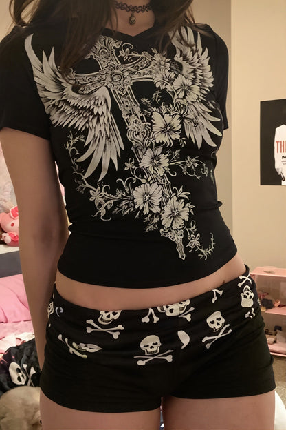 Chic Gothic Skull Low Rise Bodycon Denim Shorts