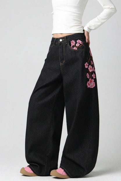 Chic Y2K Vintage Embroidered Wide Leg Jeans