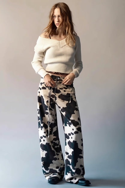 Chic Retro Cow Print Washed Straight Jeans