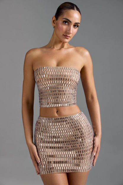 Embellished Low-Rise Micro Mini Skirt in Almond