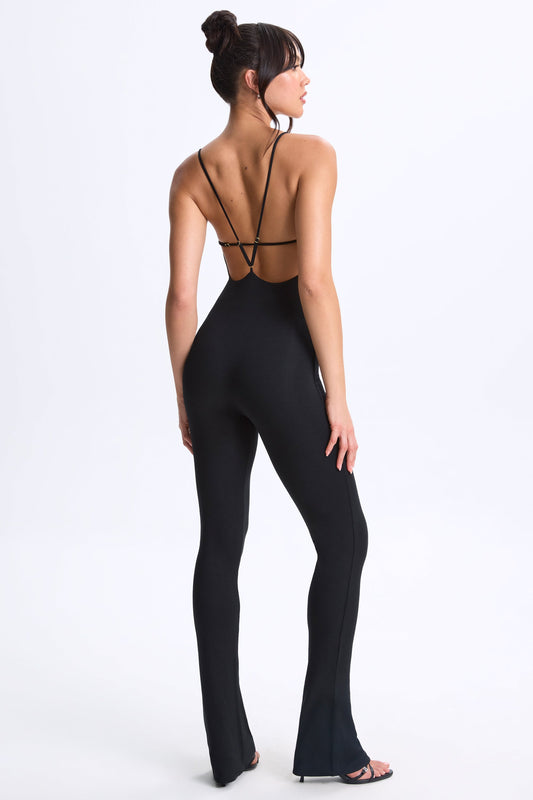 Modal Plunge Open-Back Flared Jumpsuit in Black