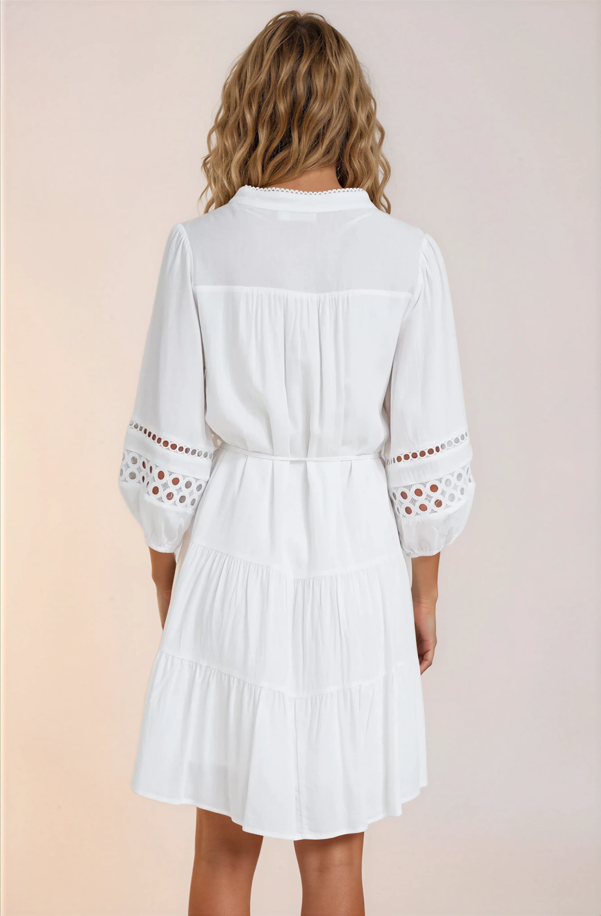 Alyce Mini Dress - Button Down Dress with Cut Out Detailed Sleeves and Matching Belt in White