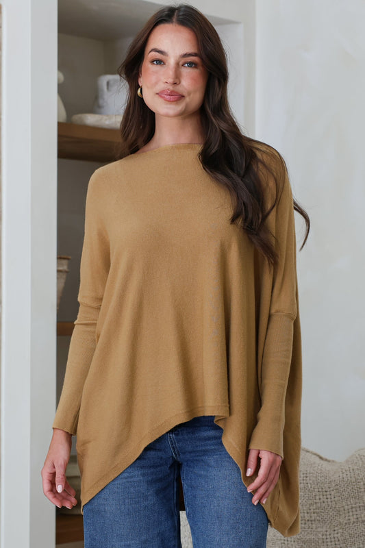 Belinda Knit Top - Boat Neckline Boxy Batwing Top in Caramel