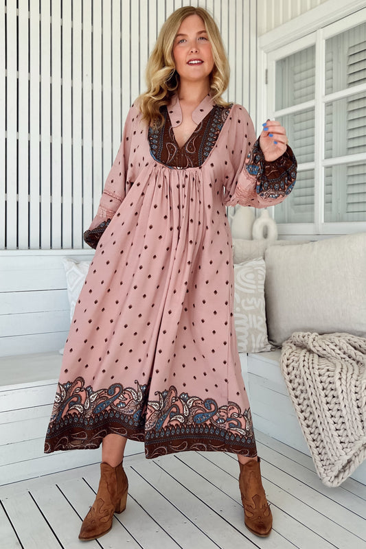 JAASE - Boheme Midi Dress: Long Sleeve Piping Defined Bust Slimline Smock Dress in Seraphina Print