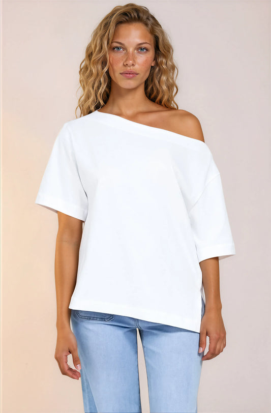 Dolce Top - Asymmetric Neckline Boxy Top with Side Split in White