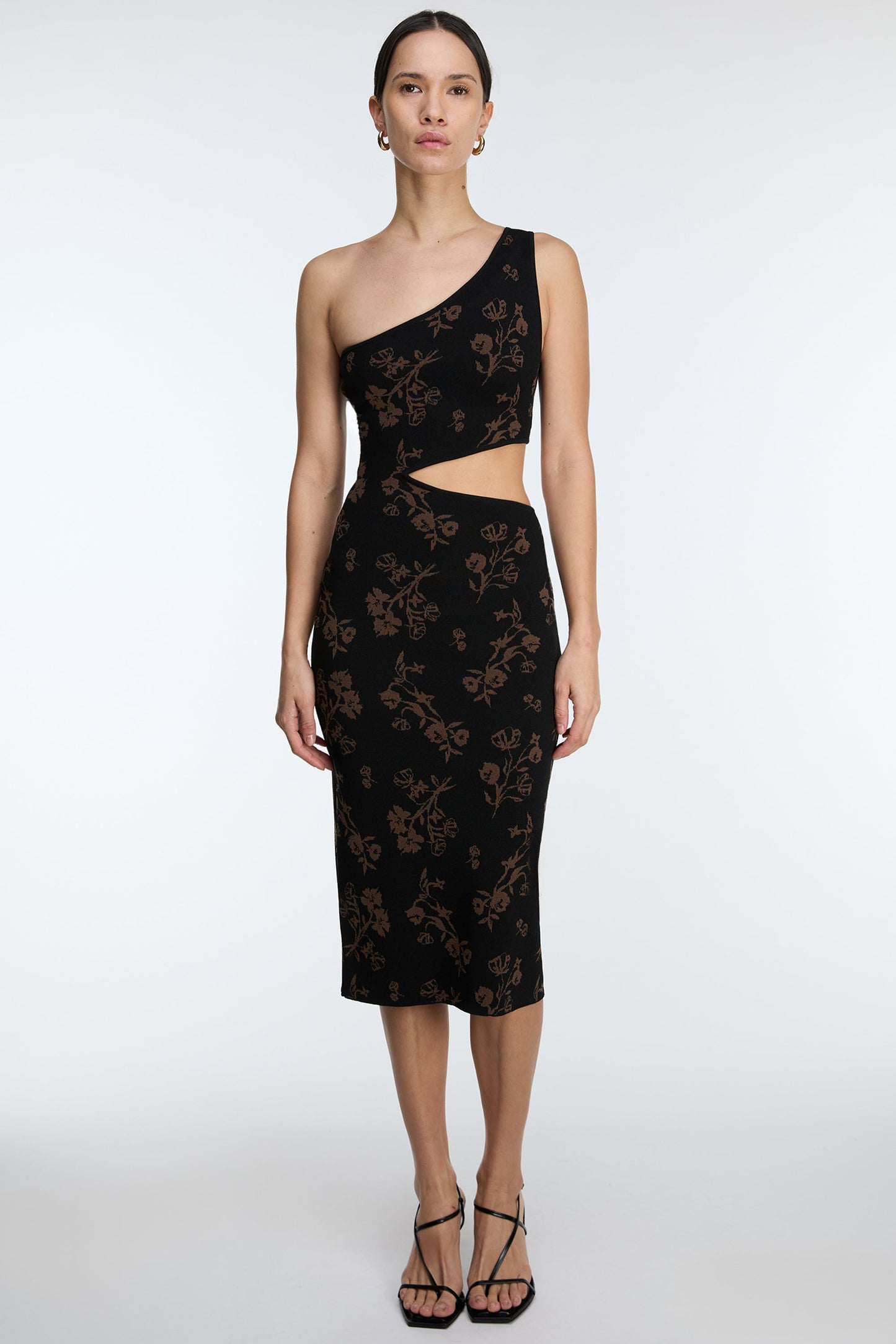 ONE SHOULDER KNIT FLORAL MIDI DRESS WITH CUTOUT