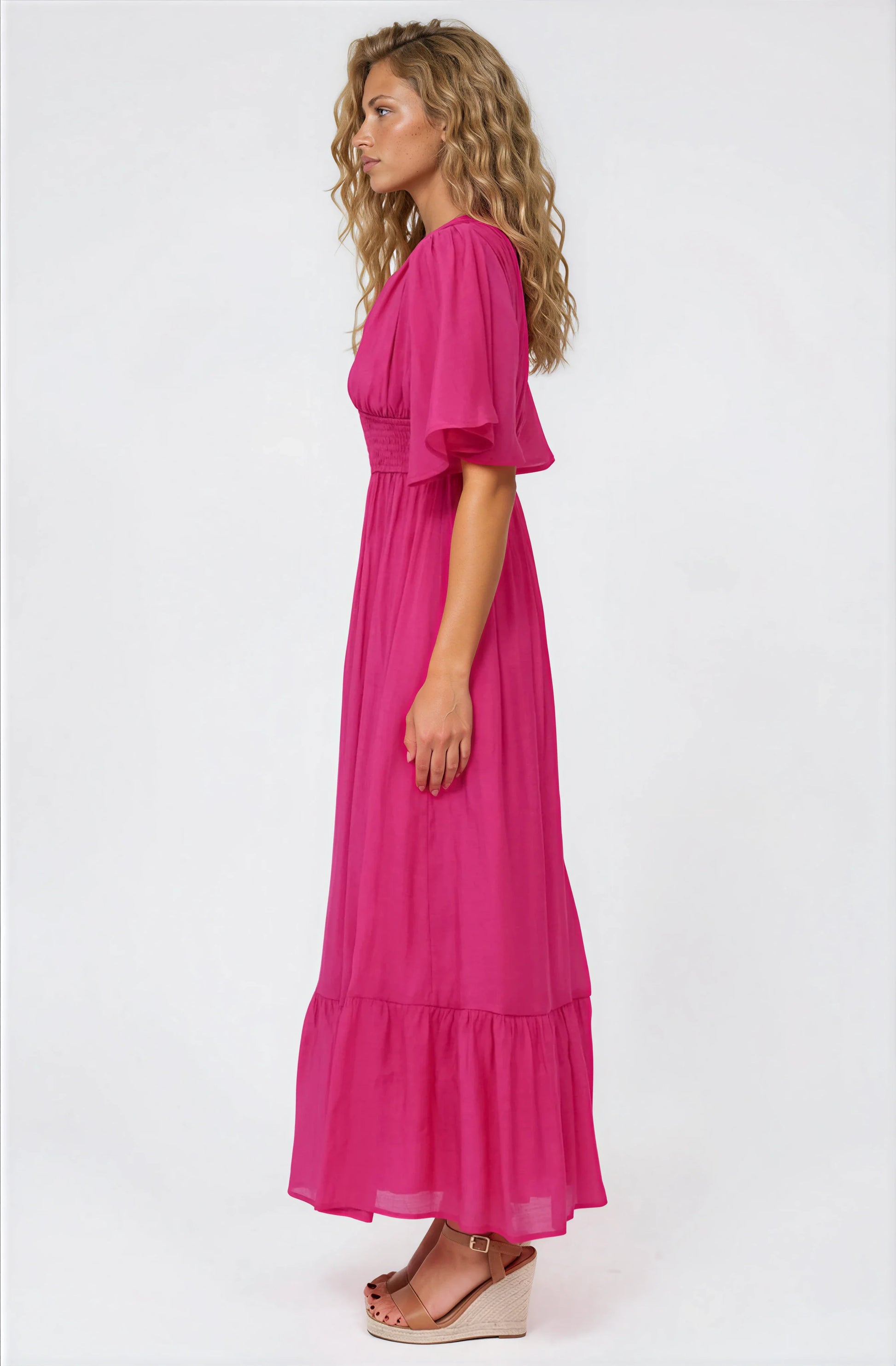 Glades Maxi Dress - V Neck Shirred Waist A Line Dress in Hot Pink