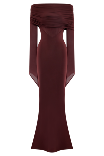 Kaitlin One Shoulder Slinky And Mesh Maxi Dress - Burgundy