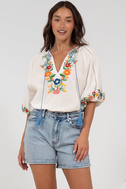 Margerie Top - Floral Embroidered Top with 3/4 Sleeves in White