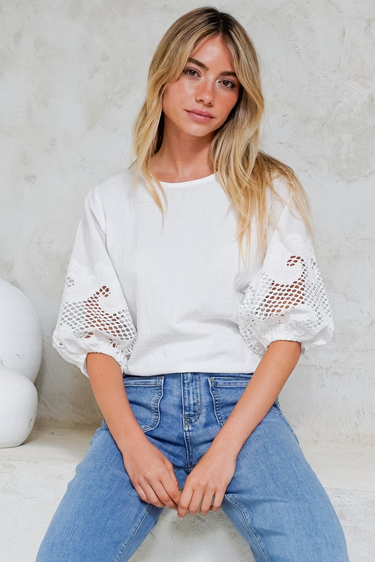 Polly Top - Round Neck Relaxed Top with Cut Out Detailed Balloon Sleeves in White