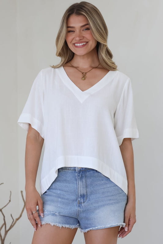 Shandy Top - V-Neck Boxy High Low Top with Short Sleeves in White