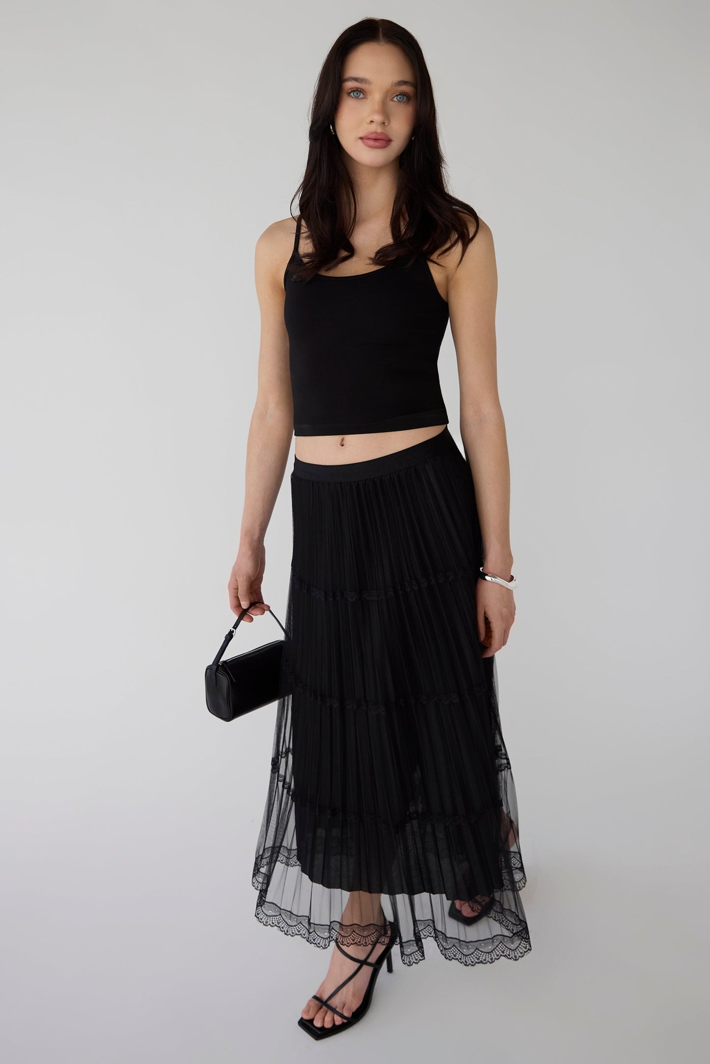 SHEER LACE TIERED MAXI SKIRT