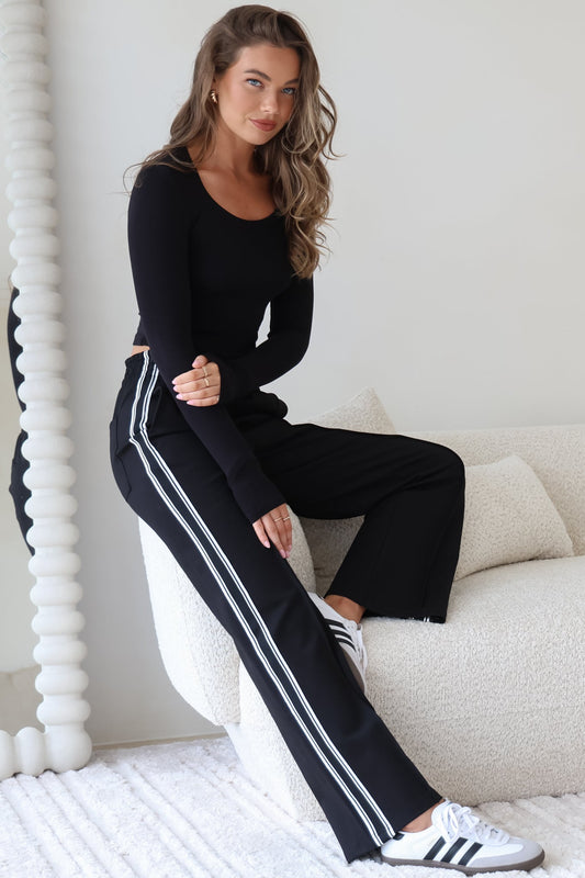 Victoria Pants - High Waisted Sports Stripe Side Seams in Black