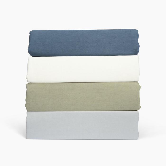Up close look at the comfortable Align Linen Viscose 5 Piece Sheet Set in fog, sage, harbor, and bone.
