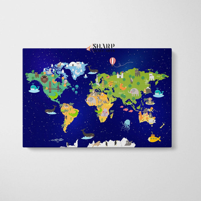Animal World Map Nursery - Kids World Map Wall Art - SharpWallArts