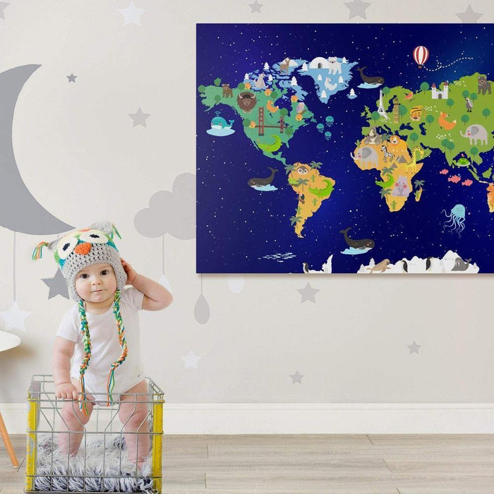 Animal World Map Nursery - Kids World Map Wall Art - SharpWallArts