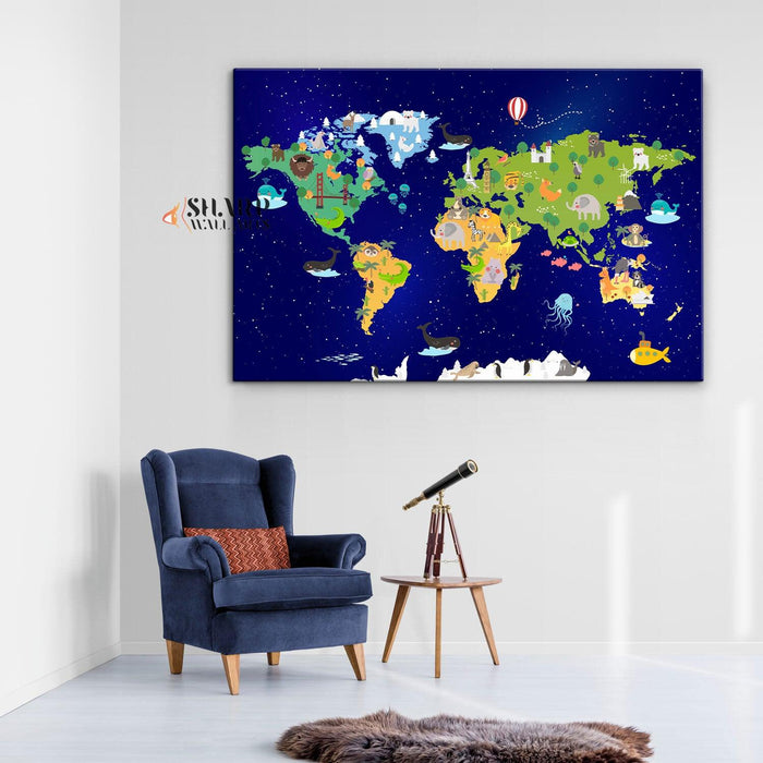 Animal World Map Nursery - Kids World Map Wall Art - SharpWallArts