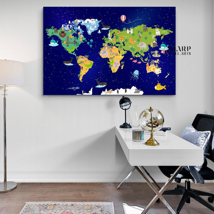 Animal World Map Nursery - Kids World Map Wall Art - SharpWallArts
