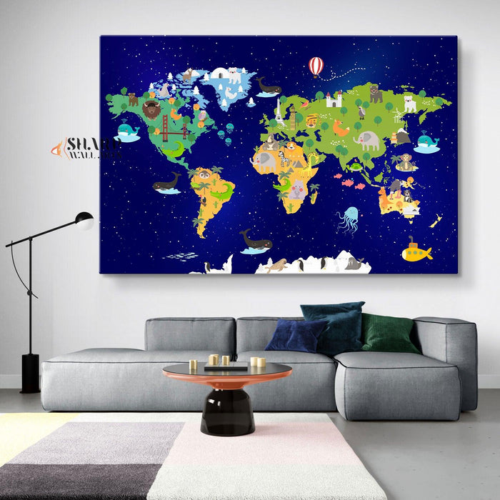 Animal World Map Nursery - Kids World Map Wall Art - SharpWallArts