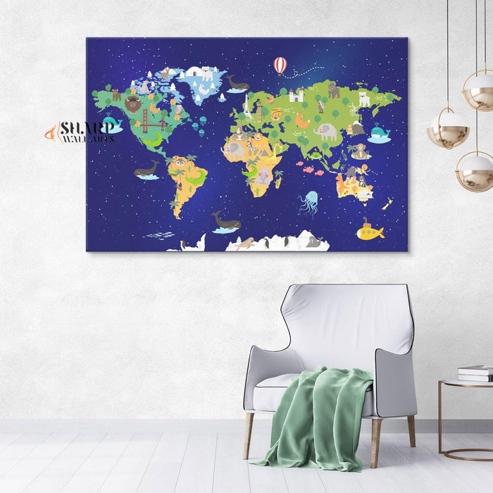 Animal World Map Nursery - Kids World Map Wall Art - SharpWallArts