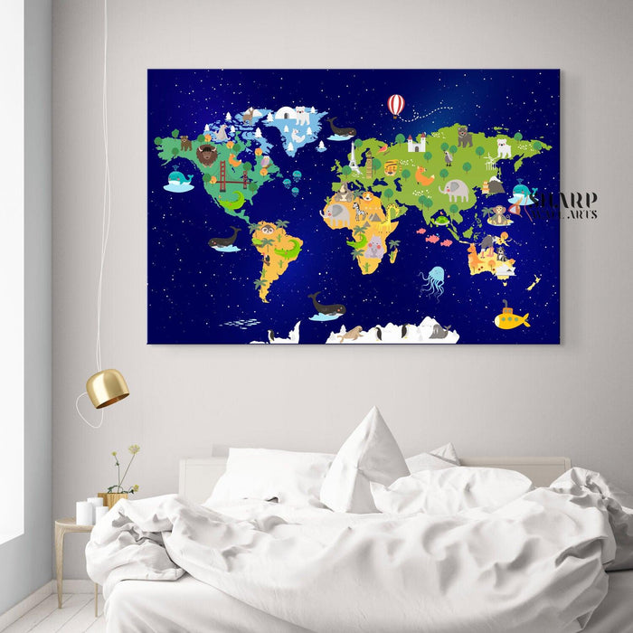 Animal World Map Nursery - Kids World Map Wall Art - SharpWallArts